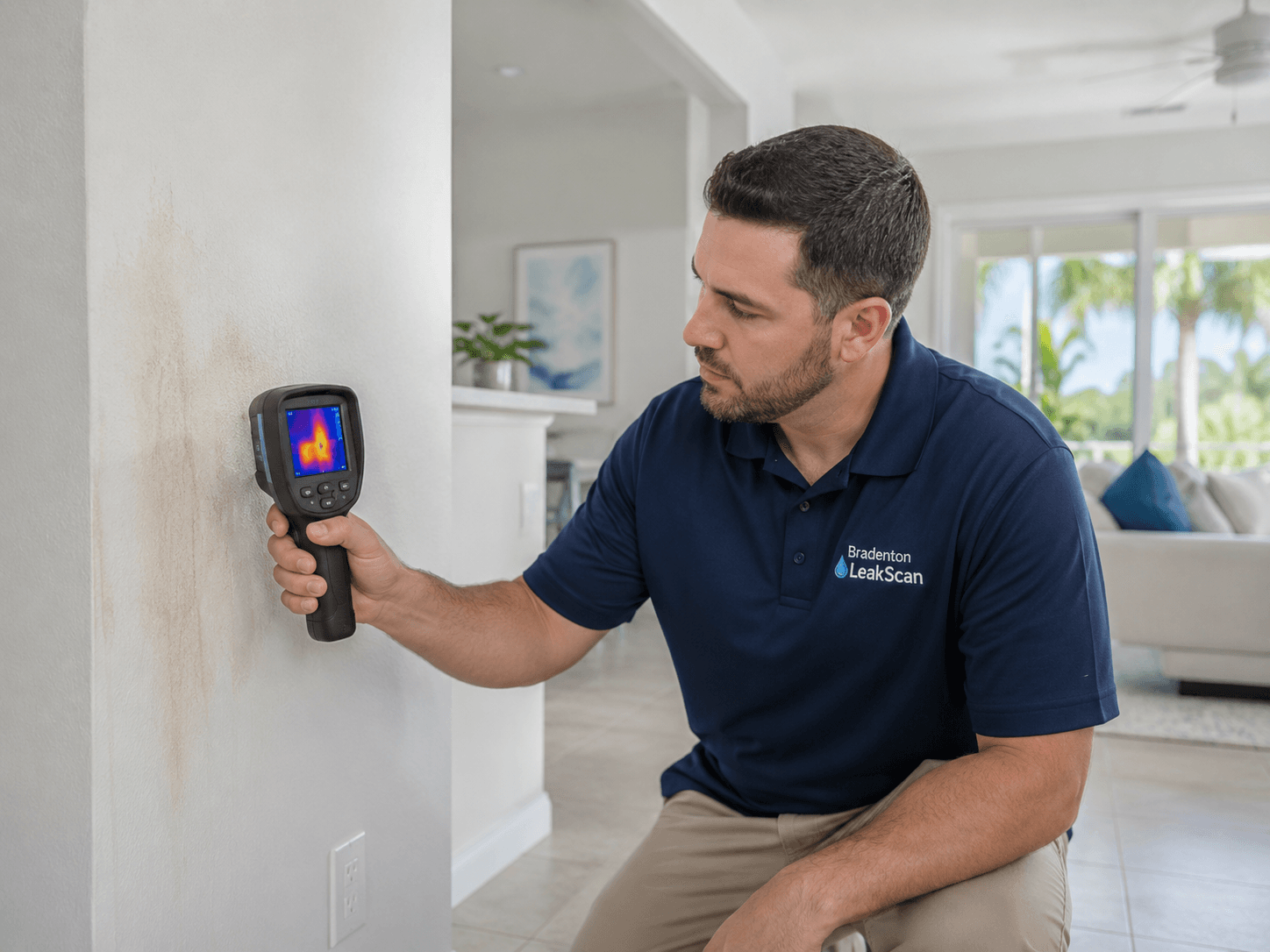 Bradenton LeakScan technician using thermal imaging to locate a hidden wall leak