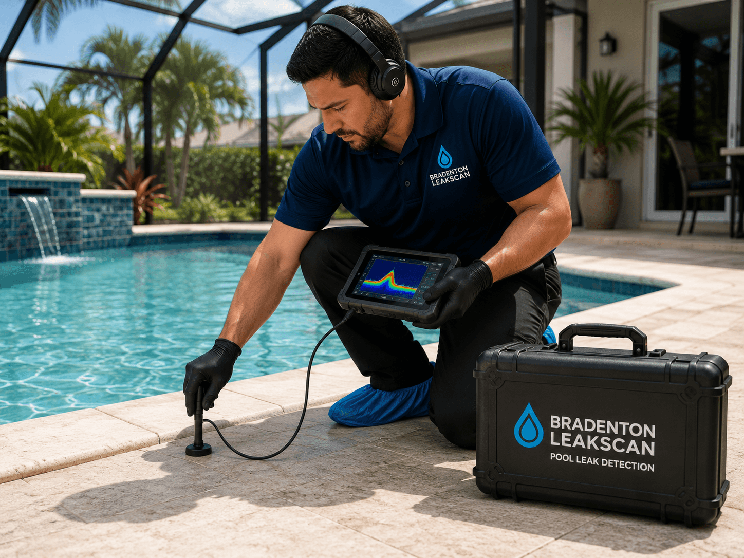 Pool leak detection dye testing at a Bradenton, FL backyard swimming pool