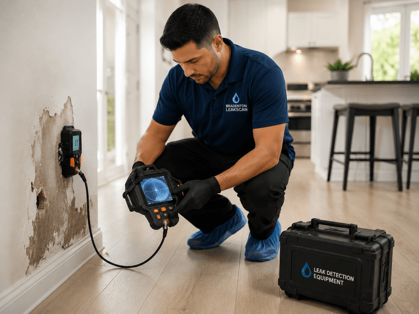 Bradenton LeakScan technician using a moisture meter to pinpoint a wall leak
